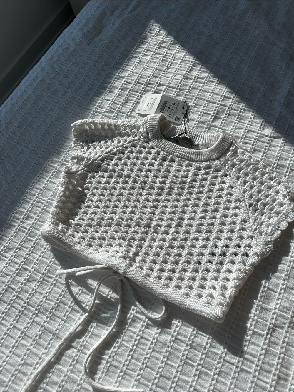 Zara: White Open-Knit Crop Sweater with Tie Waist